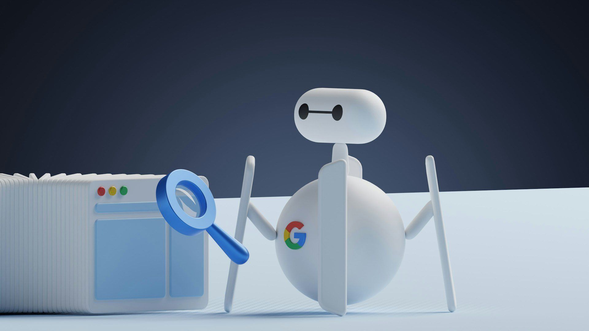Robot z lupą i logo Google obok okna przeglądarki – symbol wyszukiwania wspieranego przez AI
