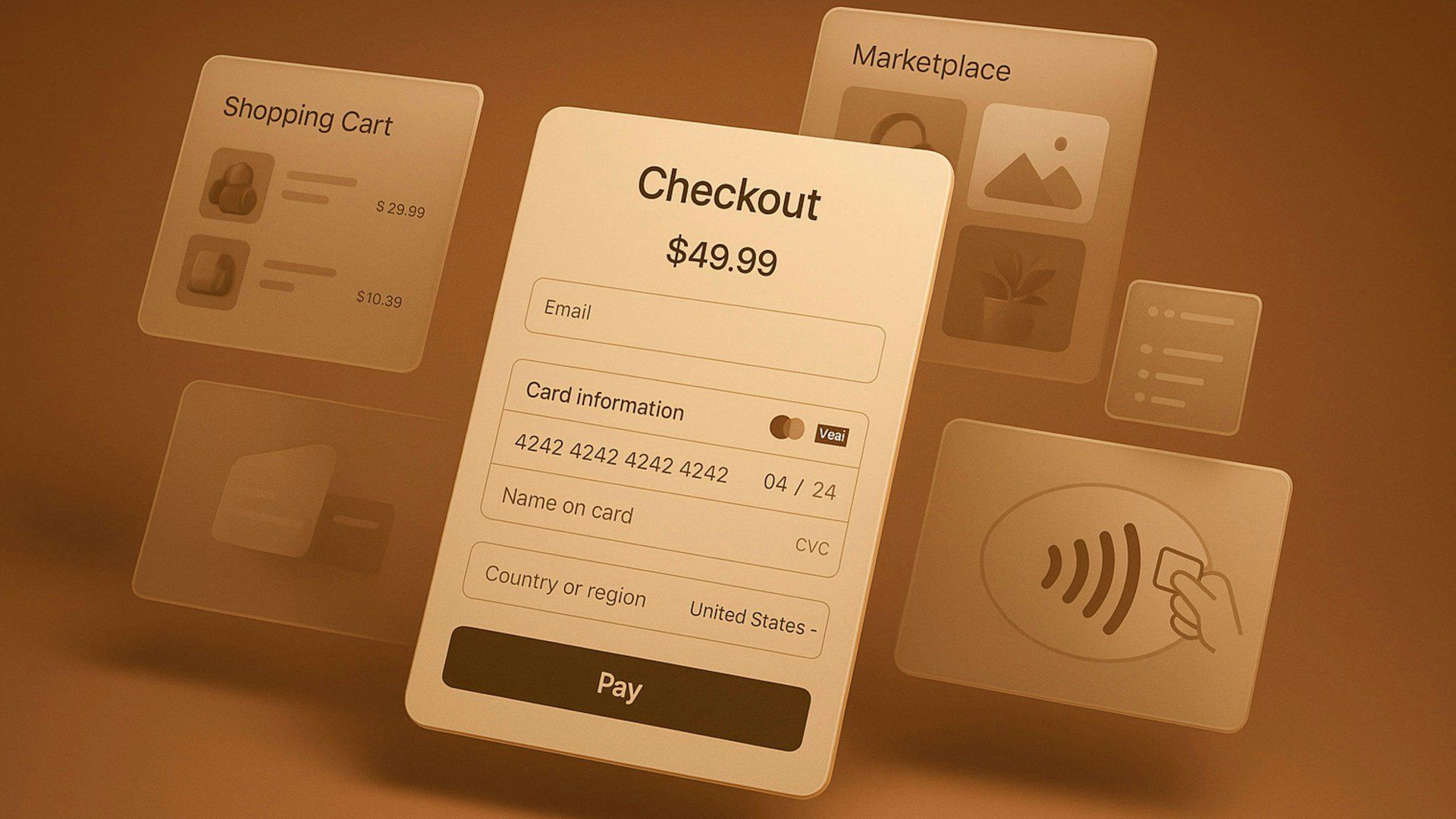 Checkout screen with a shopping cart, card details and a pay button